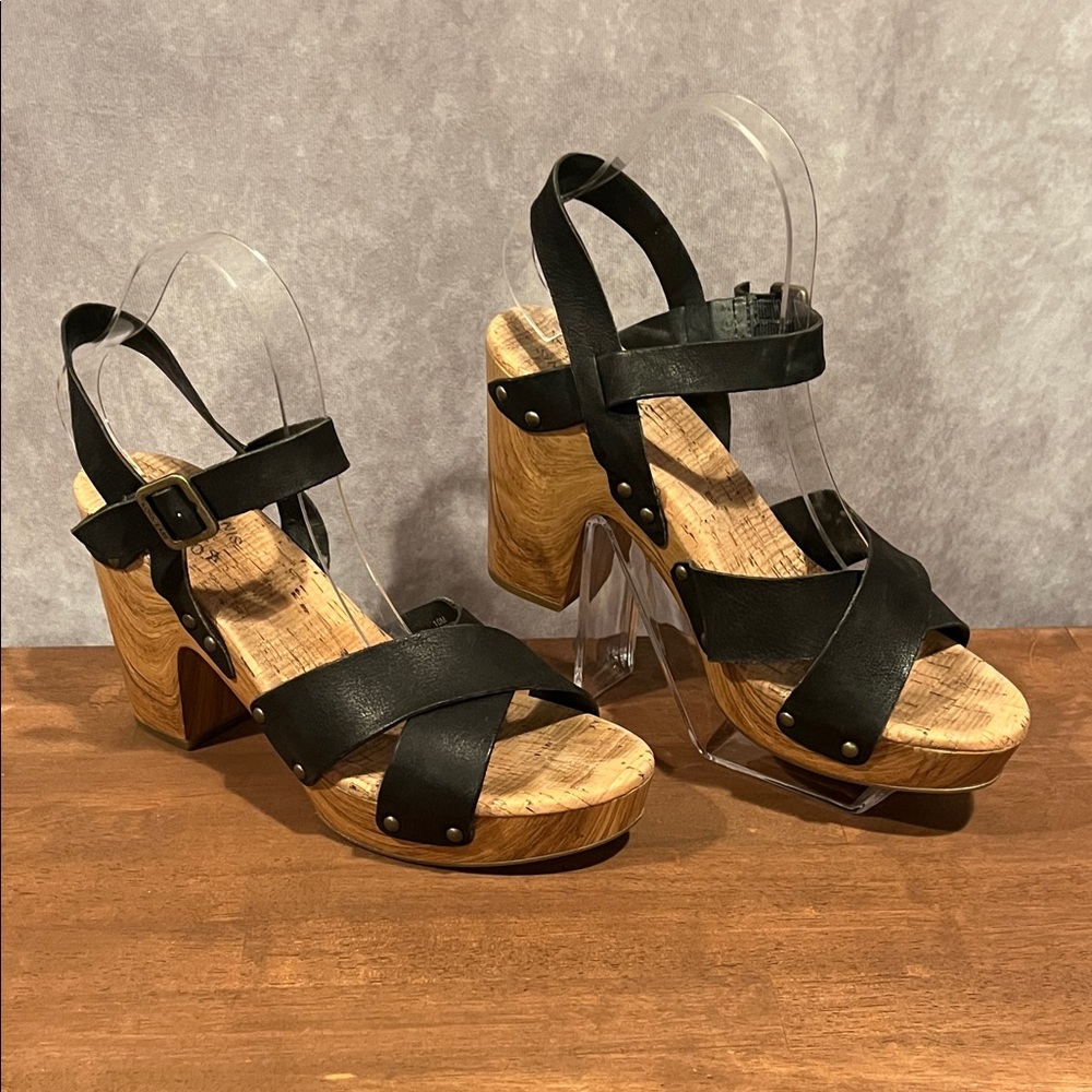 Kork-Ease Black Leather Wood Heel Platform Sandals size 10